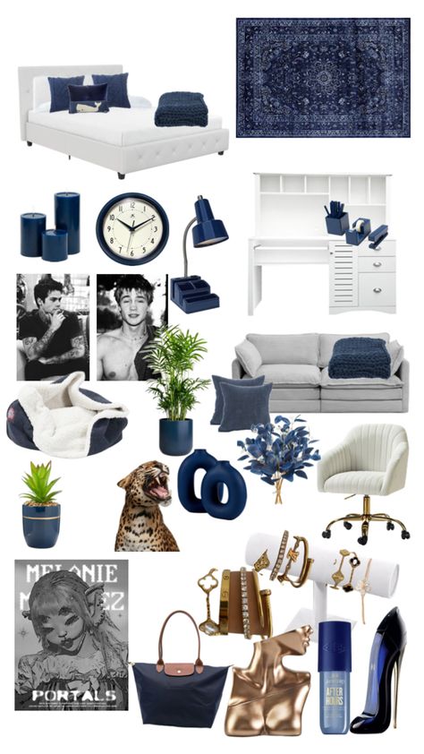 Navy Room Inspiration, Navy Room Decor Aesthetic, Navy Room Decor Bedroom, Dark Blue And White Bedroom Ideas, Navy Blue And White Room Aesthetic, Navy Blue Apartment, Blue Gray White Bedroom, Blue White Room Decor, Royal Blue And White Bedroom