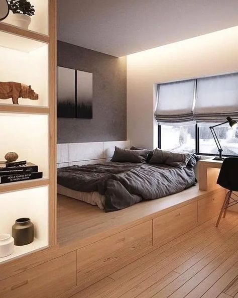 a contemporary bedroom with a platform bed with storage drawers, additional storage compartments on the left of the bed Small Sleeping Spaces, Small Bedroom Interior, Small Room Design Bedroom, Minimal Interior Design, Deco Studio, Small Room Design, Room Design Bedroom, Modern Bedroom Design, Minimalism Interior