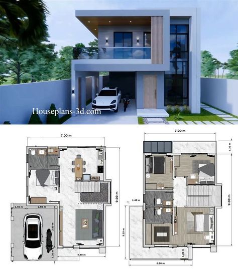 Small House Blueprints, Small Modern House Plans, Two Story House Design, 2 Storey House Design, Affordable House Plans, Modern Bungalow House, Two Story House, Building House Plans Designs, Building Plans House