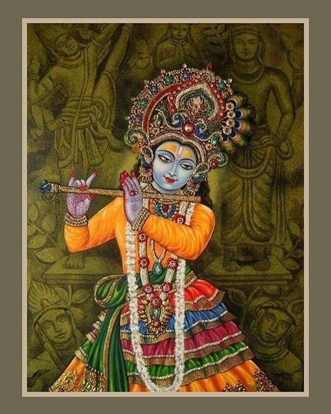 Krishna was very expert in playing the flute, and the gopis were captivated by the sound vibration, which was not only attractive to them,… Srimad Bhagavatam, Art Krishna, Krishna Hd, Indian Arts, Krishna Drawing, Kerala Mural Painting, Shree Radhe, Sri Krishna, Indian Painting