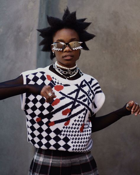 #punk #model #spikes "black #afro #africa #alt #sweatervest #patterns Afro Liberty Spikes, Punk Hair Black Woman, Star Afro Hair, Afro Punk Aesthetic, Afro Punk Hair, Black Punk Hairstyles, Alt Black Hairstyles, Afropunk Aesthetic, Punk Rock Hairstyles