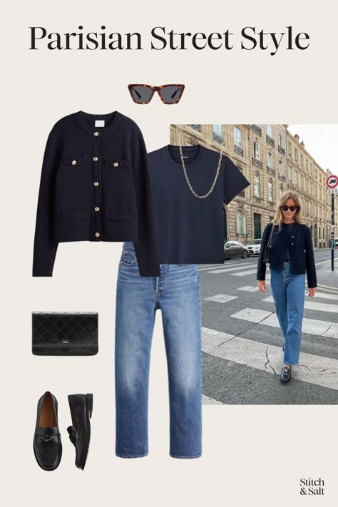 Parisian Street Style Fall Outfits - Stitch & Salt Parisian Fall Style 2024, Navy And Denim Outfit, Lady Jacket Outfit, Parisian Fall Style, Parisian Winter Outfits, Navy Jacket Outfit, Parisian Fall Outfits, Western Inspired Outfits, Casual Chic Fall Outfits