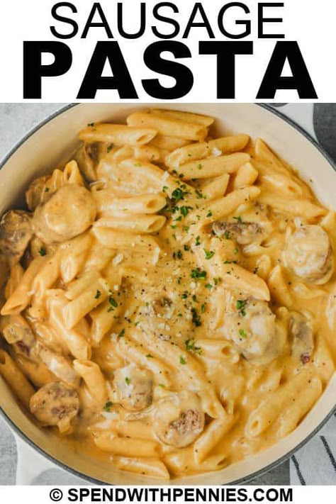 This sausage pasta recipe is so cheesy, creamy, and comforting. Add some vegetables like broccoli, mushrooms, or tomatoes for added color and flavor! #spendwithpennies #sausagepasta #maindish #recipe #pasta #italian #creamy #spicy #bake #sauce #cheesy Sausage And Cheese Pasta, Cheesy Pasta With Sausage, White Sauce Pasta With Sausage, Eckrich Sausage Recipes Pasta, Mini Sweet Pepper Recipes, Sausage Pasta Recipes Easy, Ground Italian Sausage Recipes, Spend With Pennies Recipes, Sausage Dinners