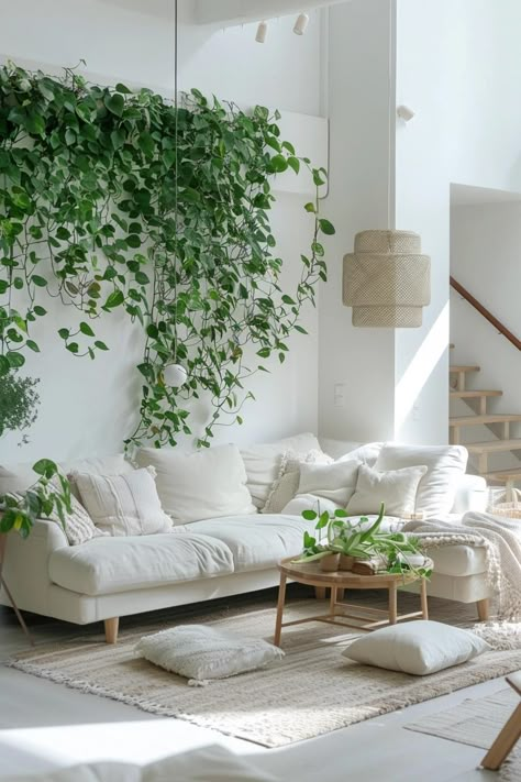 How to Create a Living Plant Wall Inside Your Home Wall Plants Living Room, Home Office Plant Wall, Plant Ledge Decorating Vaulted Ceilings, Hanging Plant Living Room, Indoor Greenery Wall, Wall With Plants Indoor, Plant Wall Dining Room, Wall Plants Indoor Living Rooms, White Living Room With Plants