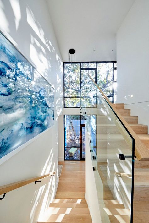 An expansive hallway and stairwell from Harry and Tash on The Block 2020. these contestants have used 24 skylights throughout the home to produce a lovely light and airy space. Stairwell Wall, Stairs Window, Timber Stair, High Windows, Glass Stairs, Glass Balustrade, Wooden Stairs, Terrazzo Flooring, Art Deco Home