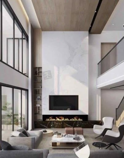 bookcase/tv wall with wood ceiling Double Height Fireplace Modern, Wood Accent Wall High Ceiling, Double Volume Living, High Ceiling Tv Wall Interior Design, Modern Fireplace High Ceiling, Double Height Living Room Fireplace, Fireplace Double Height, Double Volume Ceiling Design, Tv Wall Double Height