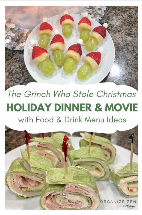 Happy Grinchmas! Here’s How to Plan a Holiday Themed Family Dinner and Movie Night with Creative Menu Ideas - The Grinch Who Stole Christmas. Make it the most festive Holiday Season with your kids by planning a Seuss Grinch movie family date night with fun food and drink ideas. #christmasbucketlist #grinch #seuss #dinnerandmovienight The Grinch Movie Party, Grinch Christmas Menu Ideas, The Grinch Themed Movie Night, Grinch Themed Dinner And Movie, Grinch Dinner Recipes, Savory Grinch Food, Grinch Christmas Meal, The Grinch Themed Dinner, Grinch Date Night