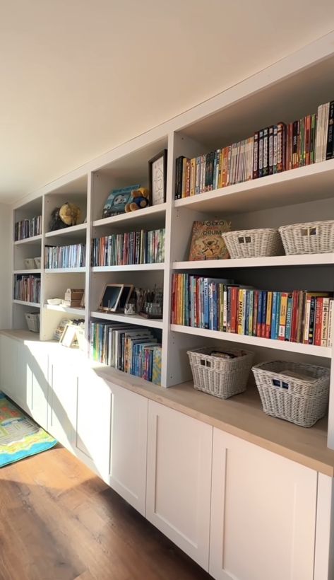 Ikea Home Library Ideas, Homeschool Room Built Ins, Ikea Library Wall With Desk, Kallax Library Wall, Built Ins Around Piano, Built In Library Wall Farmhouse, Study Remodel, Billy Diy, Hamptons Library Bookshelves