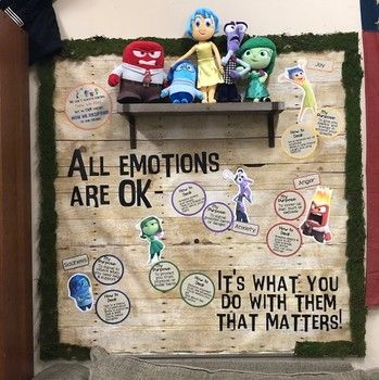 Emotional Regulation Display, Inside Out School Bulletin Boards, Zones Of Regulation Bulletin Board Ideas, Calm Down Bulletin Board, Inside Out Office Decor, Inside Out 2 Classroom Theme, Inside Out 2 Bulletin Board, Plushies Amazon, Inside Out Bulletin Board Ideas