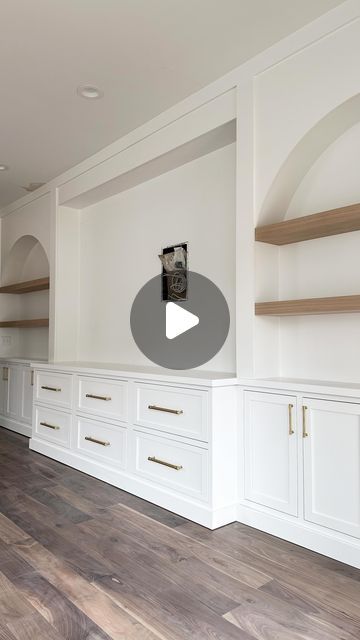 Matt + Hill | HD+C | Primary bedroom built-in with arched bookcases and white oak floating shelves! Our clients wanted to create function on a long but shallow... | Instagram Wall With Built In Cabinets, Arched Bookcase Fireplace, Arched Bookcase Tv Wall, Tv Cabinet Design White, Built In Tv Wall Unit Arch, Built In Arched Shelves Living Room, Arched Built Ins With Tv, Built In Bedroom Shelves, Built Ins With Arch