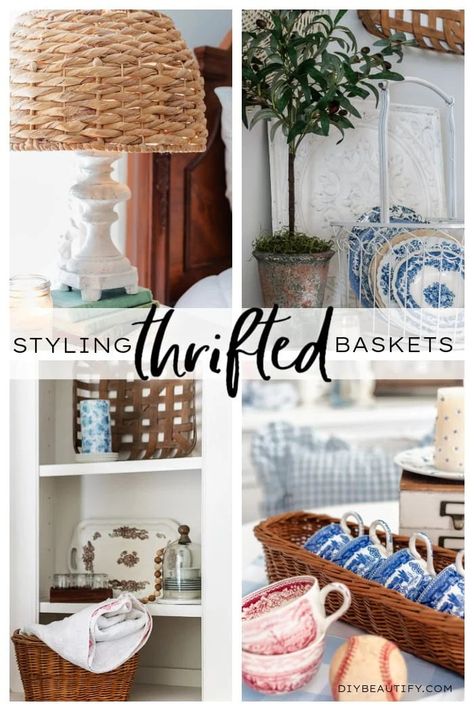 Baskets can be both functional and decorative accessories in a well styled home. Here are several ideas for using and styling baskets in your home. Find all the ideas at diybeautify.com! Centerpiece Basket Decor, Vintage Egg Basket Decor Ideas, Tall Basket Decor Ideas, Small Wicker Basket Decor Ideas, Thrifted Basket Ideas, Baskets On Top Of Hutch, How To Style Baskets, Thrifted Gift Basket Ideas, Big Basket Ideas Decor