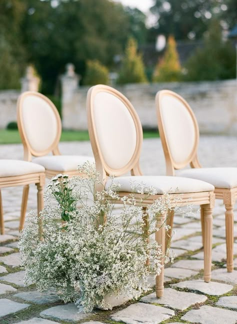 Reception Chairs Wedding, Chairs For Events, French Style Wedding Decor, Wedding Ceremony Details, Louis Chairs Wedding, Outdoor Aisle Runner, Countryside Wedding Aesthetic, Wedding Chairs Reception, French Wedding Aesthetic