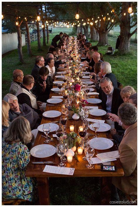 Dinner Long Table Wedding Reception, String Lights Over Outdoor Dining Table, Driveway Dinner Party, Long Outdoor Wedding Table, Long Table Outdoor Party, Communal Table Wedding, One Big Table Wedding, Long Outdoor Dining Table Wedding Reception, Backyard Long Table Party