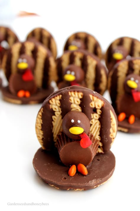 Turkey Cookie Treats - Garden Seeds and Honey Bees Thanksgiving Candy Crafts, Thanksgiving Turkey Cookies, Turkey Cookie, Thanksgiving Food Crafts, Turkey Head, Milk Balls, Chocolate Turkey, Fudge Stripe Cookies, Thanksgiving Desserts Kids