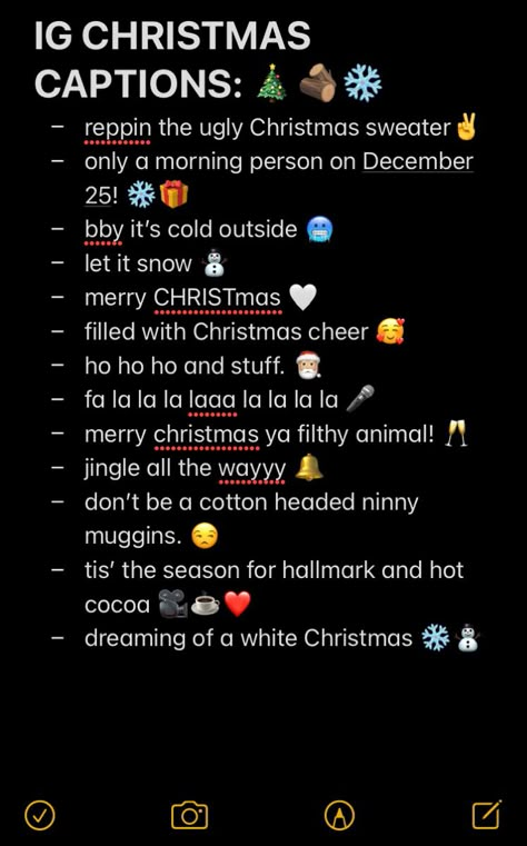 Christmas Notes For Instagram, Cool Short Quotes Aesthetic Funny, Aesthetic Christmas Captions, Disney Christmas Captions, Christmas Aesthetic Captions, Christmas Bio Ideas, Christmas Selfie Captions, Christmas Photo Quotes, Funny Christmas Instagram Captions