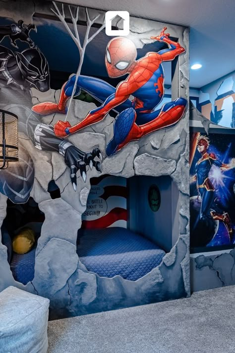 Avengers Bedroom Ideas, Marvel Boys Bedroom, Avengers Themed Bedroom, Superhero Theme Bedroom, Spiderman Bedroom, Avengers Bedroom, Marvel Bedroom, Avengers Room, Spiderman Room