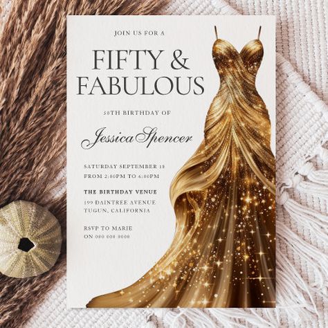 $3.08 | Champagne Gold Dress Fabulous Fifty 50th Birthday - gold, sparkle, dress, golden, gown, downloadable, birthday, fifty and fabulous, 50th birthday, womans 50th birthday party Womans 50th Birthday, Champagne Gold Dress, Gold Sparkle Dress, 50th Birthday Themes, Fifty And Fabulous, 50th Birthday Invitation, Champagne Birthday, Moms 50th Birthday, Birthday Venues