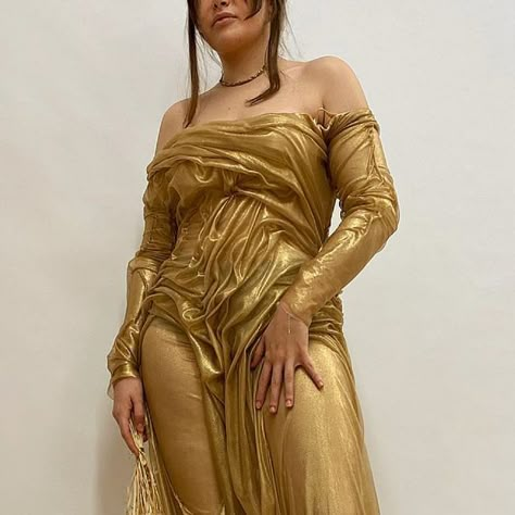 Wet Look Dress Aesthetic, Liquid Gold Dress, Dipetsa Dress, Wet Look Outfit, Wet Outfit, Mirror Palais Aesthetic, Drapery Reference, Wet Look Fashion, Goddess Birthday