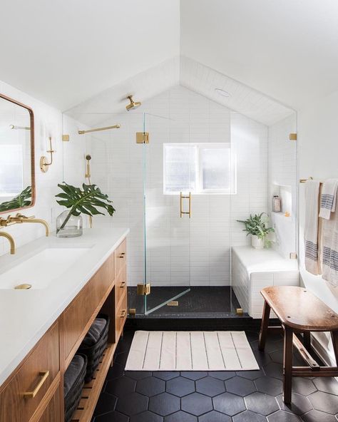 How to Nail Black-and-White Minimalism in Your Bathroom | Hunker #BathroomRemodel Long Bathroom Layout, Textured Bathroom, Bathroom Attic, Long Bathroom, Inexpensive Bathroom Remodel, Bathroom Tile Diy, Bathroom Remodel Diy, Restroom Remodel, Retro Apartment