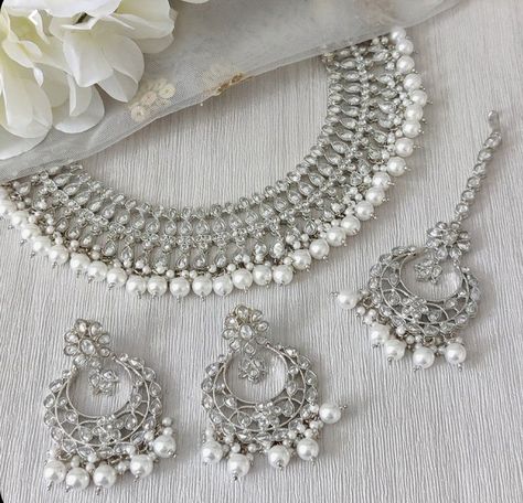 Silver Asian Jewellery, Desi Silver Jewellery, Desi Jewelry, Silver Bridal Jewellery, Bridal Jewelry Sets Brides, Indian Wedding Jewelry Sets, Bridal Necklace Designs, Fancy Jewelry Necklace, Indian Bridal Jewelry Sets