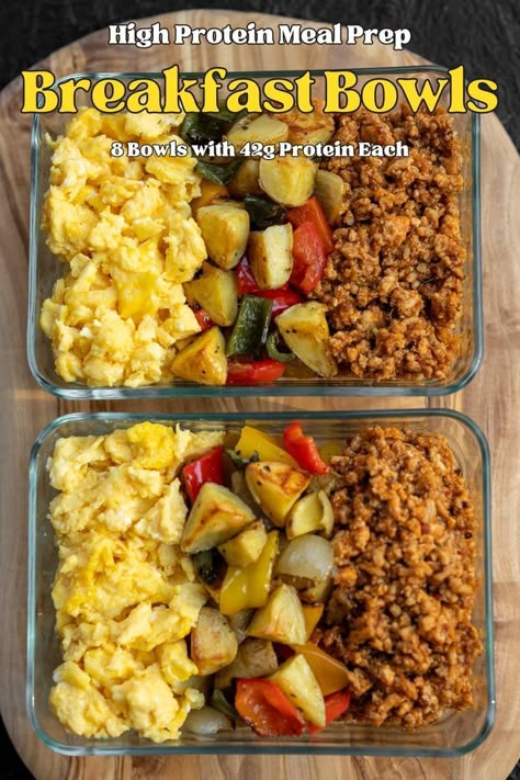 Tex-Mex breakfast scramble bowls with spicy chicken sausage crumbles and roasted veggies. The recipe makes 8 bowls with 42g of protein each!  ... less Prep Breakfast Bowls, Meal Prep Breakfast Bowls, Premade Breakfast, Healthy Meal Prep Breakfast, Breakfast Scramble, Healthy Breakfast Meal Prep, Prep Snacks, Protein Meal Prep, High Protein Meal Prep