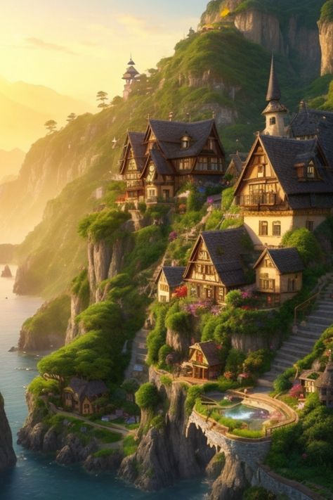 A captivating fantasy village nestled in a vibrant #fantasy #village #landscape # sunrise #animation #houses #green #magic #wonder Fantasy Farming Village, Fantasy Town Concept Art Forest, Cliffside Village Concept Art, Magical Village Aesthetic, Riverside Village Fantasy Art, Fantasy Mountain Village, Feywild Village, Mountain Village Fantasy Art, Solarpunk Village