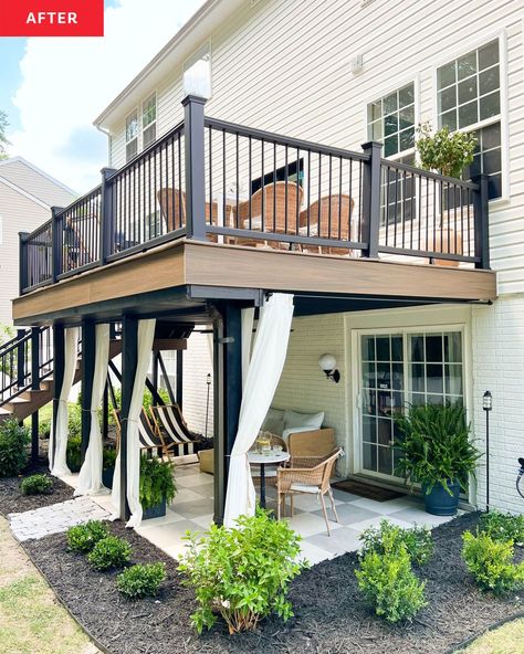 Curtains around the ground-level patio can be closed to provide additional sun protection or privacy. Credit: Trex Company Backyard Under Deck Patio Ideas, High Decks Backyard, Deck With Patio Underneath, 2nd Floor Deck Ideas, Sunroom Backyard, Second Floor Deck Ideas, Under Deck Ideas, Under Deck Patio Ideas, Townhouse Patio