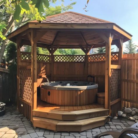 Inflatable Hot Tub Gazebo Ideas, Hot Tub Privacy Ideas, Sauna And Jacuzzi, Iron Gazebo, Hot Tub Shelters, Round Gazebo, Hot Tub Pergola, Hot Tub Privacy, Round Hot Tub