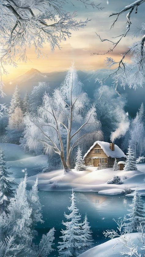 Winter Wallpaper Aesthetic, Winter Wonderland Art, Winter Scenes Wonderland, Beautiful Winter Pictures, Snowflake Wallpaper, Winter Christmas Scenes, Golden Sunrise, Winter Foliage, Snow Aesthetic