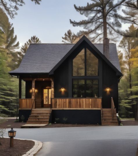 A stunning dark wood modern cabin, perfect for a wellness-focused lifestyle. Learn more about financing your dream home! Small House Black Exterior, Black Wooden House Exterior, Black And Wood House, Black Craftsman House, Black And White House Exterior, Coffee On The Porch, Black Homes, Minimalist Cabin, Log Homes Exterior