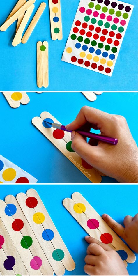 Popsicle Stick Dot Matching Game Ice Cream Sticks Activities For Preschool, Popsicle Stick Matching, Toddler Crafts With Popsicle Sticks, Diy Toys For Preschoolers, Big Popsicle Stick Crafts, Sticking Activity For Kids, Diy Matching Game, Popsicle Stick Activities Preschool, Popsicle Stick Crafts For Kids Preschool