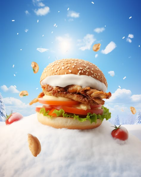 Burger out on a winter day Winter Food Ads, Winter Creative Ads, Burger Creative Ads, Media Advertising Design, Graphic Design Infographic, Creative Advertising Design, Social Media Advertising Design, Power Points, Graphic Design Ads