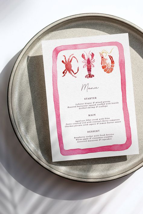 Dinner Party Menu Design Ideas, Lobster Dinner Party, Wedding Dinner Menu Ideas, 21 Diner Menu, Menu Card, Bridal Shower Aesthetic, Lobster Menu, Wedding Buffet Menu, Lobster Party