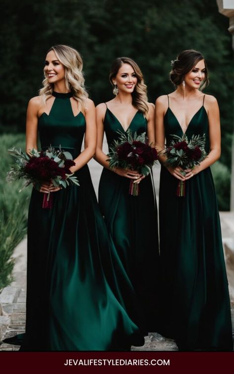 Black And Dark Green Wedding Bridesmaid Dress, Dark Green And Black Bridesmaid Dresses, Bridesmaid Dresses Forest Green Satin, Chritmas Green Bridesmaid Dress, Forrest Green Velvet Bridesmaid Dresses, Gothic Bridesmaids, Hunter Green Wedding, Forest Green Wedding, Dark Green Bridesmaid Dress