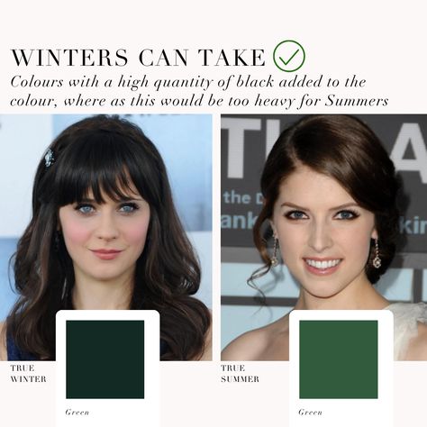 True Winter VS True Summer comparison 🖤⁠ .⁠ #coloranalysis #coloranalysis #truesummer #truewinter #summerpalette #winterpalette #coloranalyst True Winter Celebrities, True Summer Hair, Winter Palette Makeup, True Winter Hair, True Summer Celebrities, True Winter Outfits, True Summer Outfits, Zoe Deschanel, Cool Winter Palette