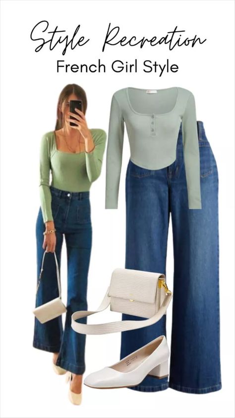 French Wide Leg Jeans, Sage Green Casual Outfit, Sage Top Outfit, Sage Green Top Outfit, Pumps Outfit Casual, Outfits Sage Green, Outfit Wide Leg Jeans, Sage Green Outfit, Jeans With Front Pockets