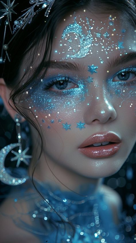 Moon Fairy Aesthetic Outfit, Moon Fairy Makeup, Otherworldly Makeup, Moon And Stars Outfit, Intergalactic Makeup, Bejeweled Makeup, Galactic Makeup, Спонж Beauty Blender, Cosmic Makeup