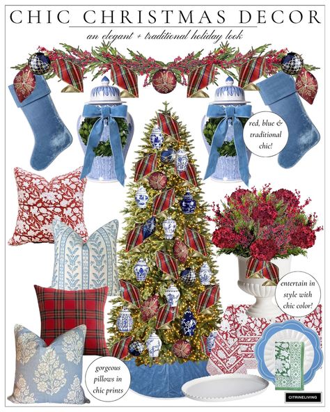 TRADITIONAL CHRISTMAS DECOR | CITRINELIVING Chinoiserie And Plaid Christmas Tree, Green And Blue Plaid Christmas Decor, Blue Green Burgundy Christmas, Chinoiserie And Plaid Christmas, Nativity Theme Christmas Tree, Hanukkah Tree Decorations, Traditional Red Christmas Decor, Blue Green And Red Christmas Tree, Blue Couch Christmas Decor