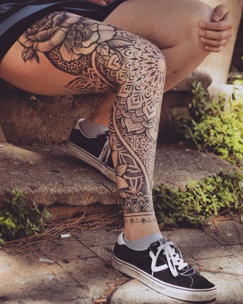 Hippy Tattoo Sleeve, Start Of Leg Sleeve Women, Tattoo Ideas Female Leg Sleeve Mandala, Fine Line Full Leg Tattoo, Leg Sleeves For Females Mandala, Geometrical Leg Tattoo, Mandela Leg Sleeve, Lower Leg Sleeve Tattoos Female, Womens Shin Tattoo