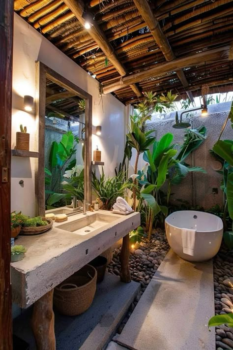 Bali Exterior House, Bathroom No Windows, Bali Bathroom Ideas, Bali Stay, Bathroom Jungle, Balinese Bathroom, Bali Bathroom, Mural Jungle, Canggu Villa