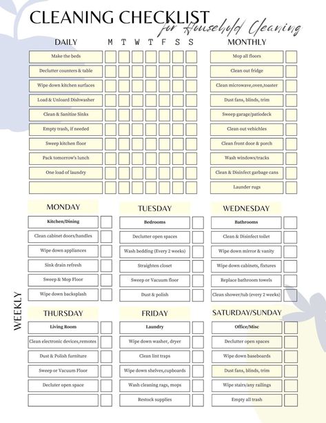 Get your home clean and organized with this easy-to-use cleaning checklist and schedule template! This printable planner includes everything you need to keep your home clean and tidy, from daily tasks to weekly deep cleans. It's perfect for people with ADHD or anyone who struggles to stay on top of their cleaning.

Download your copy today and start your journey to a clean and organized Printable Daily Cleaning Schedule, House Cleaning Template, Adult Cleaning Schedule, Cleaning Template Printable, Weekly Cleaning Schedule Printable Editable Free, Printable Cleaning Schedule Free, House Cleaning Schedule Printable Free, Spring Cleaning Checklist Printable Free, Daily Cleaning Schedule Printable Free