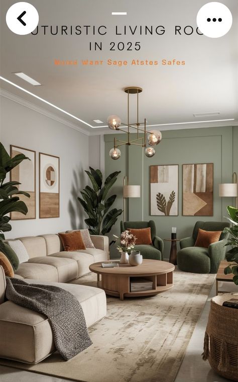 Sage And Sand Living Room, Soft Green Interior Design, Living Room Sectional Inspiration, Green Beige Living Room Decor, Green Rust Cream Living Room, Sage Brown Gray Living Room, Green Orange Cream Living Room, Green Beige Color Palette Living Room, Soft Green Paint Colors Living Room