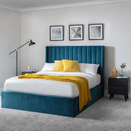 Teal Headboard Bedroom, Scalloped Headboard, Ottoman Base, Maximise Storage, Teal Bedding, Ottoman Storage Bed, Super King Size Bed, Superking Bed, Bedroom Décor