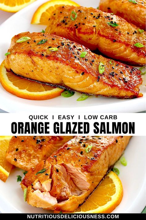 This recipe for Orange Glazed Salmon features buttery, pan-seared filets finished with a sweet and savory orange, ginger, and honey glaze. Ready in just 20 minutes, it's perfect for busy weeknights yet elegant enough for special occasions. Spicy Mango Glazed Salmon, Orange Honey Salmon, Orange Maple Glazed Salmon, Misty Copeland Citrus Salmon, Honey Glazed Salmon Pan Seared, Ginger Salmon Recipes, Orange Ginger Salmon, Orange Salmon Recipes, Ginger Glazed Salmon