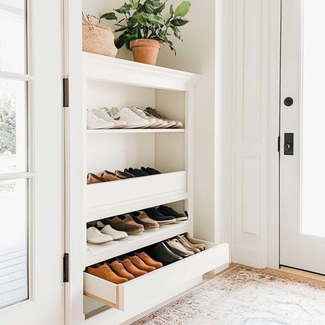 20 Genius Shoe Storage Ideas for Small Entryway Wardrobe Shoe Storage Ideas, Between Studs Shoe Storage, Small House Shoe Storage Ideas, Deep Shoe Storage, Shoe Storage Inside Closet, Shoe Storage In Small Closet, Shallow Shoe Storage, Cheap Shoe Storage Ideas, Bookshelf For Shoes