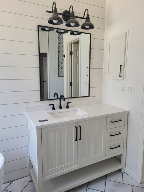 Off Centered Bathroom Sink, Black Hardware Bathroom, Black Bathroom Fixtures, Black Bathroom Sink, Most Pinned, Small Bathroom Vanities, Bathroom Redesign, White Vanity Bathroom, Summer Sunshine