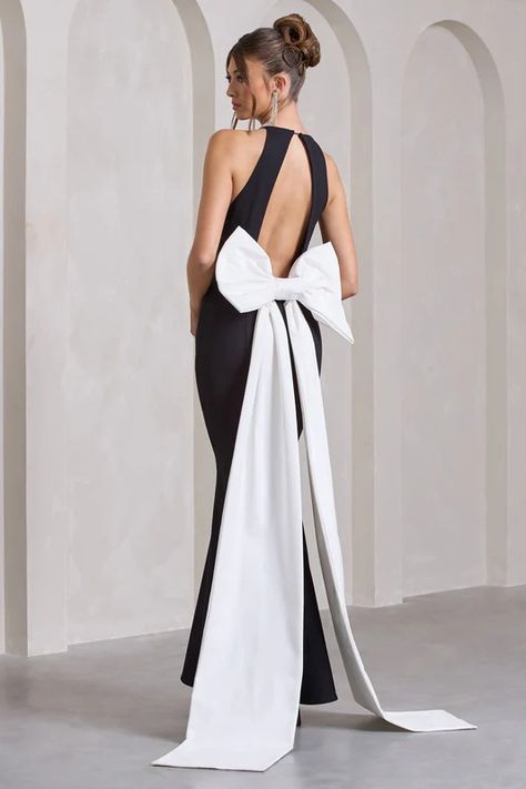 New In Shop The Hottest Trends & Newest Collections – Club L London - USA Long Dress With Bow On Back, Black And White Mother Of Bride Dress, Statement Dress Classy, Black Tie Event Dresses, Evening Clothes, Open Back Maxi Dress, Dress Idea, Black Dress Prom, Fishtail Skirt