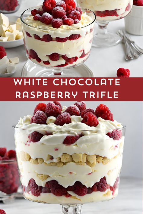 Dive into layers of bliss with our White Chocolate Raspberry Trifle! 💖🍫 Indulge in the sweet symphony of luscious white chocolate, fresh raspberries, and delicate whipped cream. A divine dessert that's as easy to make as it is to love! #TrifleMagic #DessertHeaven #SweetIndulgence 🍰✨ Strawberry Trifle Dessert, Trifle Desserts Raspberry, Vanilla Cake Trifle, Peppermint Triffle Desserts, Dessert Cream Recipes, White Chocolate Raspberry Recipes, Individual Trifle Desserts Cups Christmas, Italian Trifle Desserts, Raspberry White Chocolate Desserts