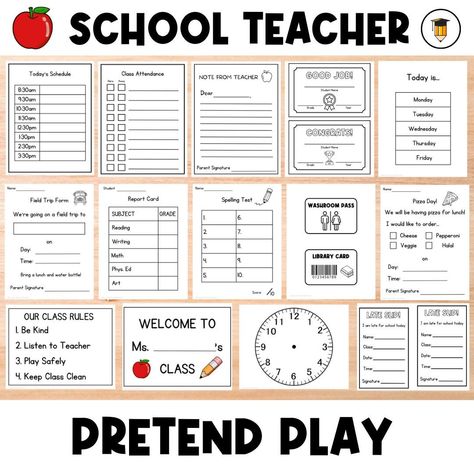 School Dramatic Play Teacher Play Learning Pretend Play Preschool and Toddler Activities Homeschool Busy Book School Printable - Etsy | Dramatic play printables, Dramatic play, Busy book School Pretend Play Ideas, Random Things To Print, Term Page Ideas For School, Teacher Rp Classroom Ideas, Playing School Ideas Pretend, Activity Cover Page Ideas, Whiteboard Teacher Ideas, Pretend Teacher Ideas For Kids, Teacher Roleplay Ideas