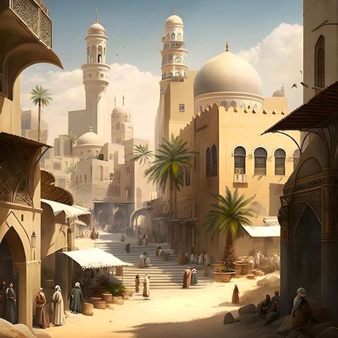 Arab City Fantasy Art, Arab Fantasy City, Arab Palace Fantasy Art, Desert Fantasy City, Desert City Art, Desert City Fantasy Art, Fantasy Desert City, Arabic Palace, Arabic City